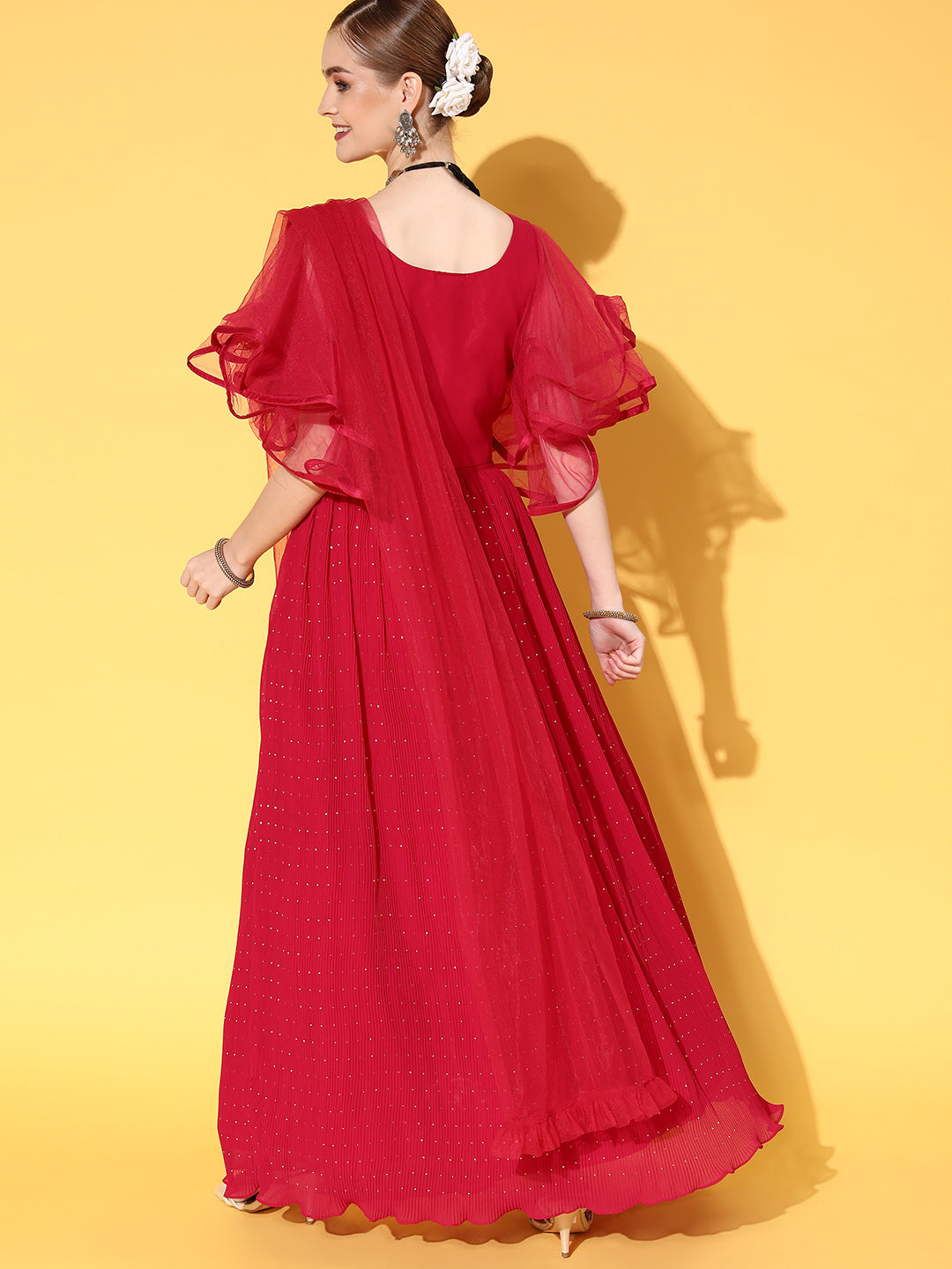 Crystal Embellished Pleated Lehanga Set with Flared Sleeves