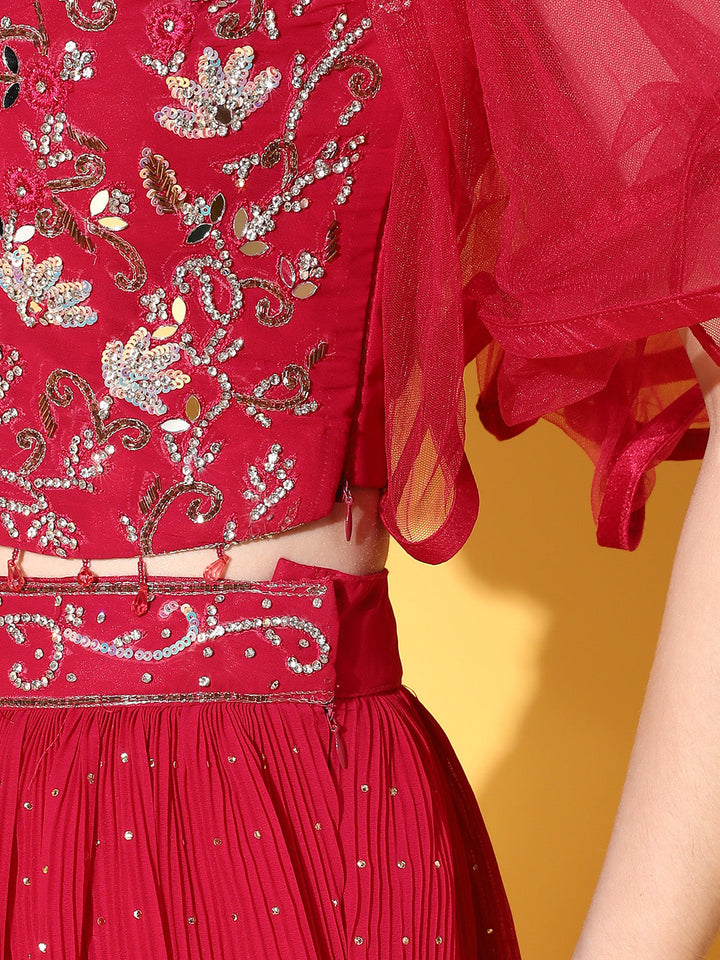Crystal Embellished Pleated Lehanga Set with Flared Sleeves