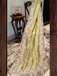Golden Floral Embroidered Tissue Saree