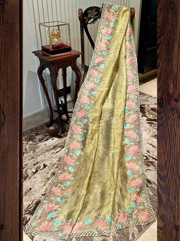 Golden Floral Embroidered Tissue Saree