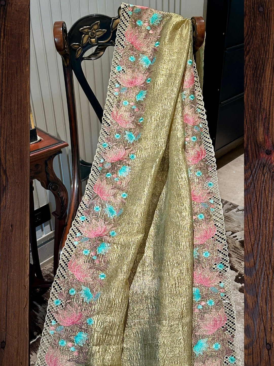 Golden Floral Embroidered Tissue Saree