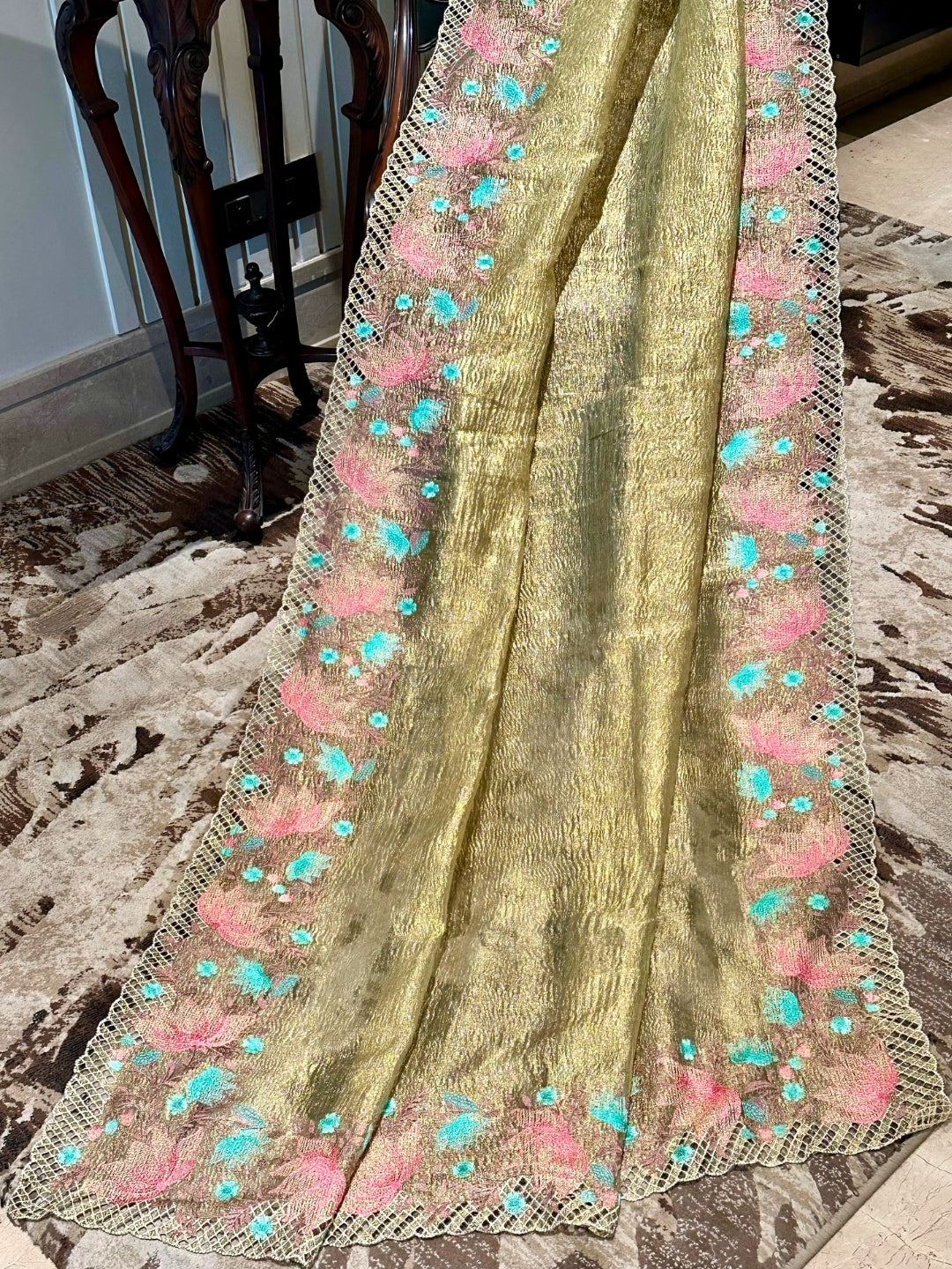 Golden Floral Embroidered Tissue Saree