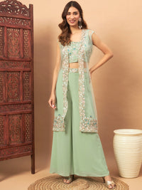 Chhabra 555 Embellished Crop-Top Palazzo Set with Floral Resham & Zari Embroidered Long Jacket