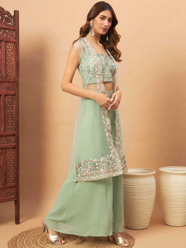 Chhabra 555 Embellished Crop-Top Palazzo Set with Floral Resham & Zari Embroidered Long Jacket