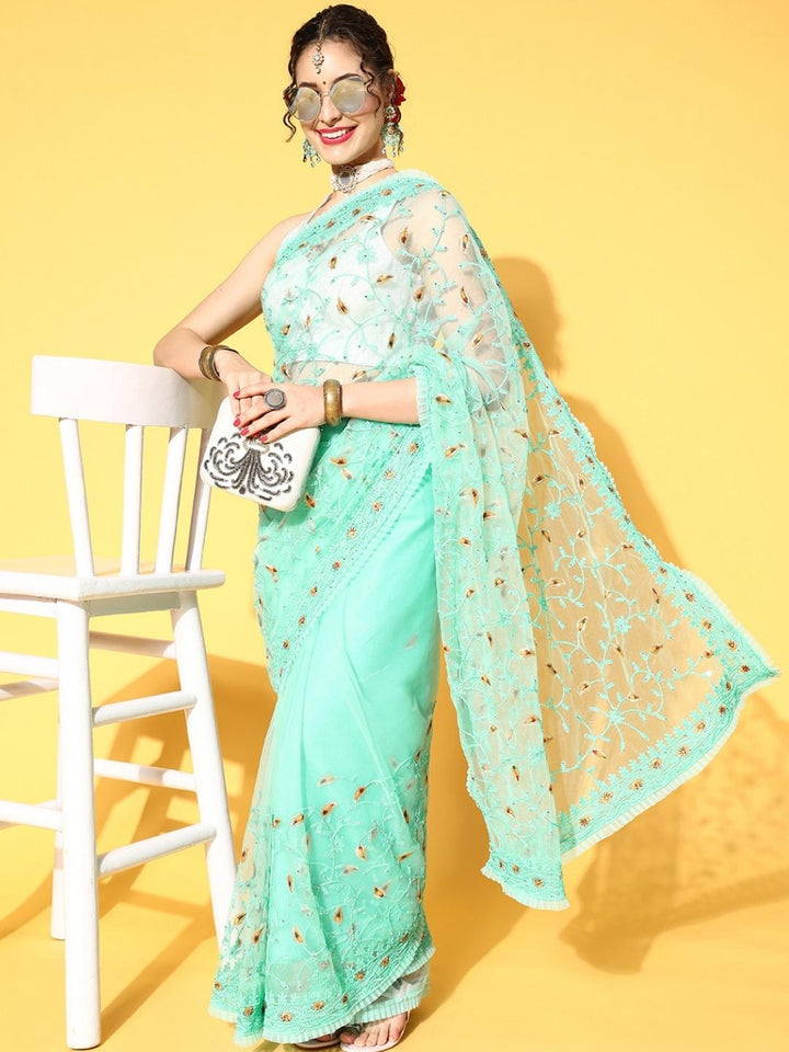 Embellished Summer Net Saree with Pleated Border & Resham Embroidery