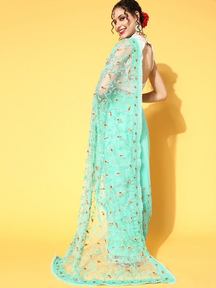 Embellished Summer Net Saree with Pleated Border & Resham Embroidery