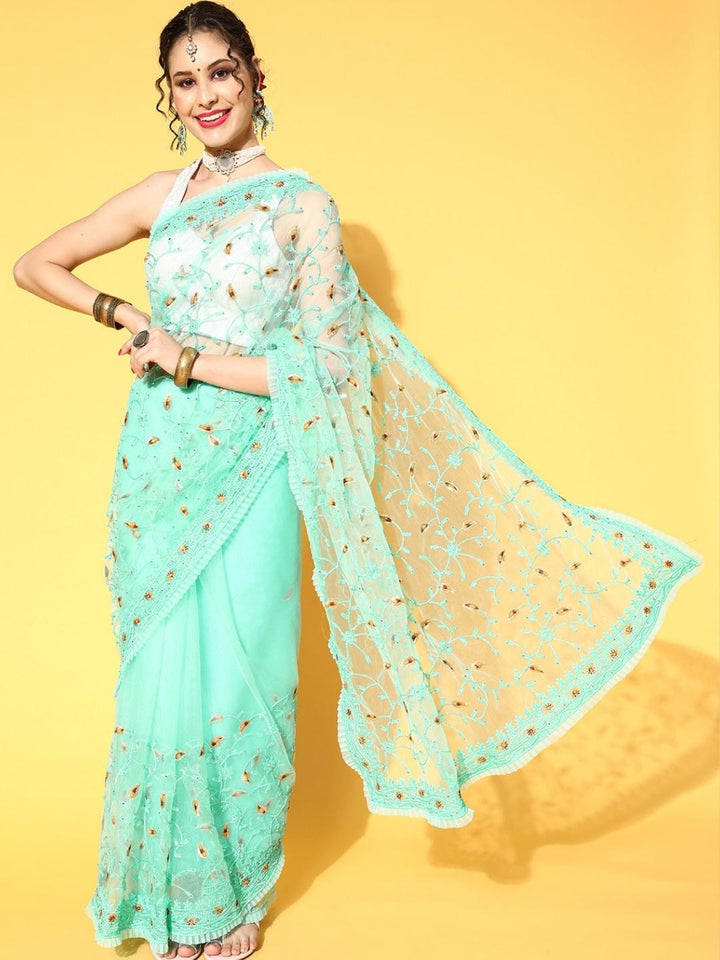 Embellished Summer Net Saree with Pleated Border & Resham Embroidery