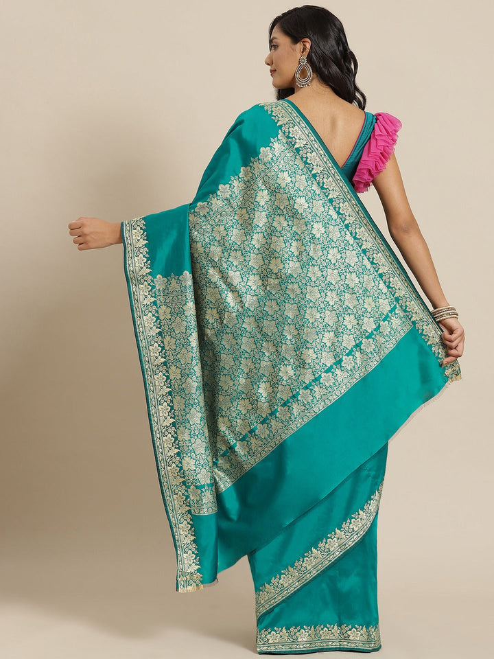 Teal Resham & Thread Woven Banarasi Silk Saree