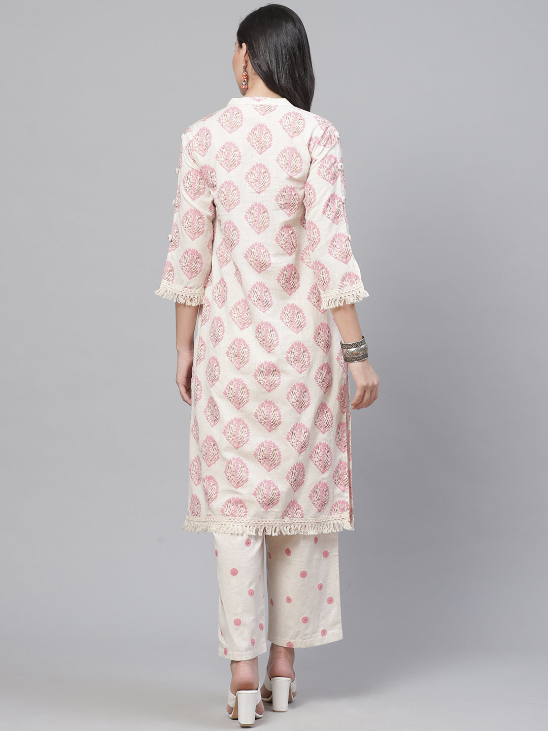 Colorblocked Jute Cotton Kurta Pallazo Set with Mirror Embellishments & Fringed hemline