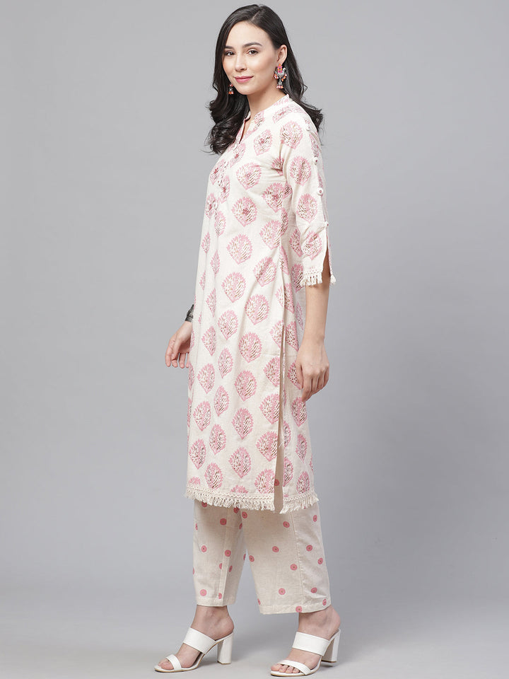 Colorblocked Jute Cotton Kurta Pallazo Set with Mirror Embellishments & Fringed hemline