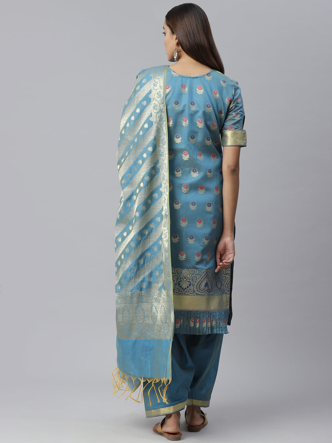 Handloom Chanderi Dress Material with Resham Weave Paisley Pattern & Banarasi Dupatta