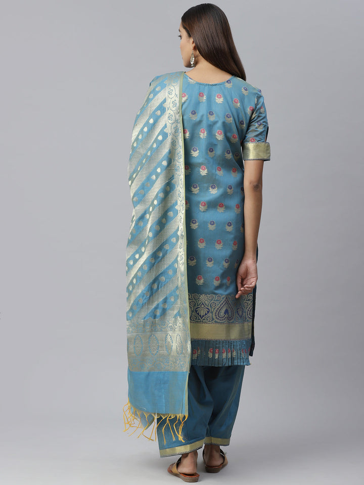 Handloom Chanderi Dress Material with Resham Weave Paisley Pattern & Banarasi Dupatta