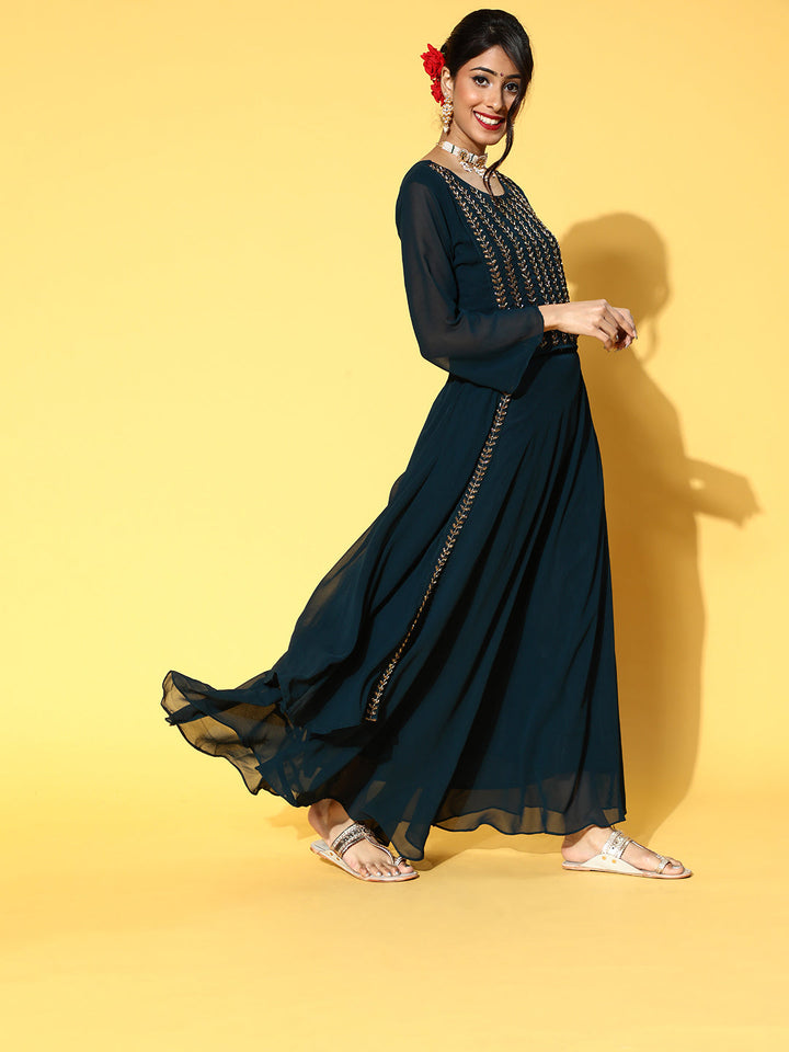 Teal Cutdana Embellished High Low Top with Flared Skirt & Dupatta