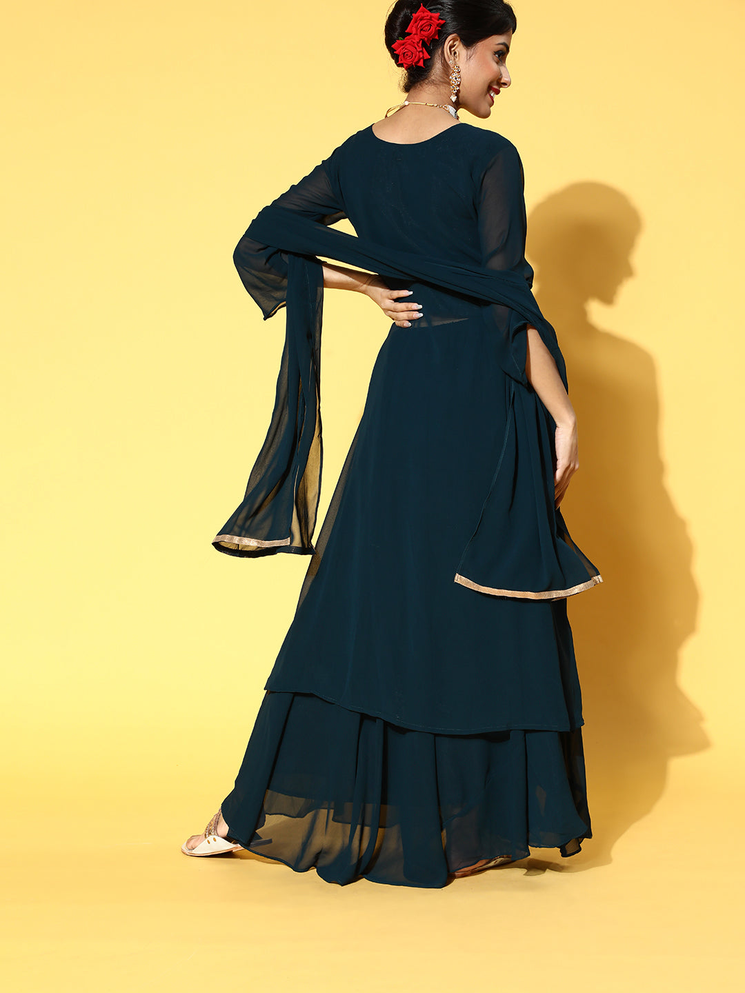 Teal Cutdana Embellished High Low Top with Flared Skirt & Dupatta