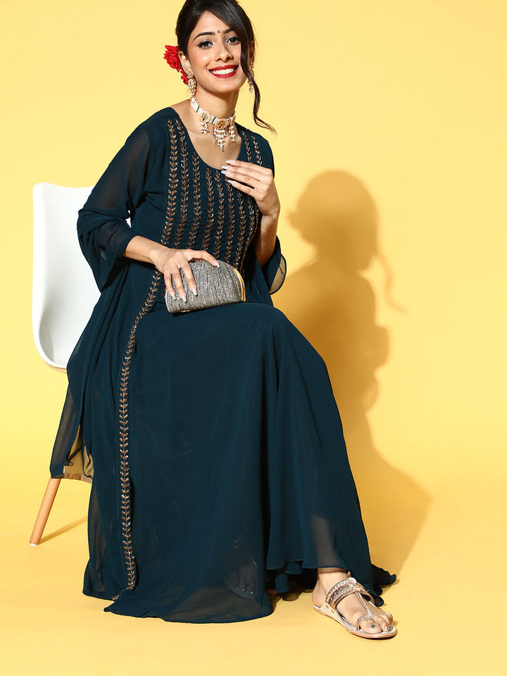 Teal Cutdana Embellished High Low Top with Flared Skirt & Dupatta