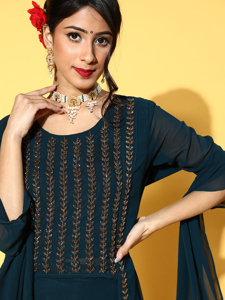 Teal Cutdana Embellished High Low Top with Flared Skirt & Dupatta