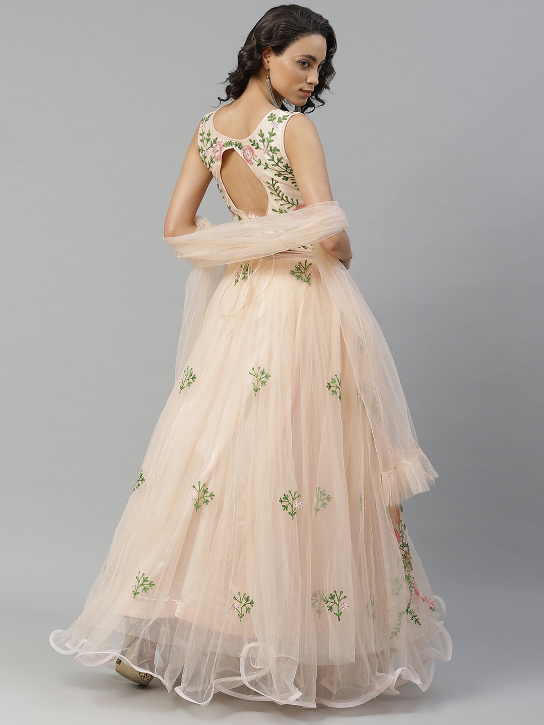 Peach Floral Resham Embroidered Cocktail Net Gown With Frills & Net Dupatta