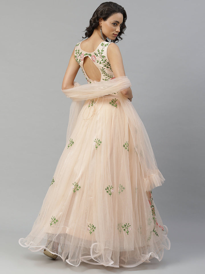 Peach Floral Resham Embroidered Cocktail Net Gown With Frills & Net Dupatta