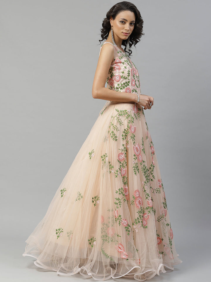 Peach Floral Resham Embroidered Cocktail Net Gown With Frills & Net Dupatta