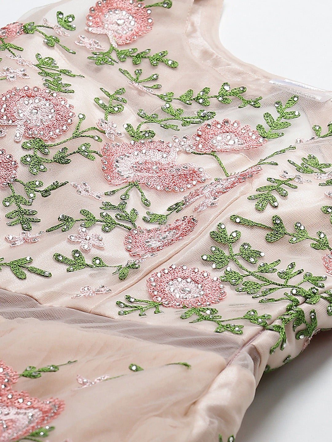 Peach Floral Resham Embroidered Cocktail Net Gown With Frills & Net Dupatta