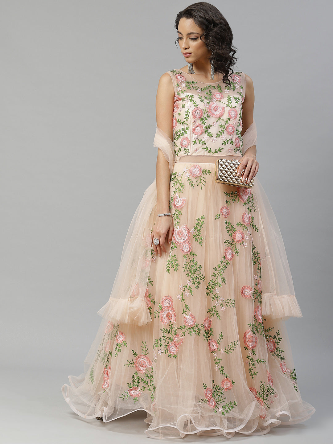 Peach Floral Resham Embroidered Cocktail Net Gown With Frills & Net Dupatta