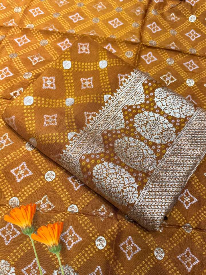 Bandhani Tye-Dye Print Dress Material with Zari Weaviing and Gharchola pattern