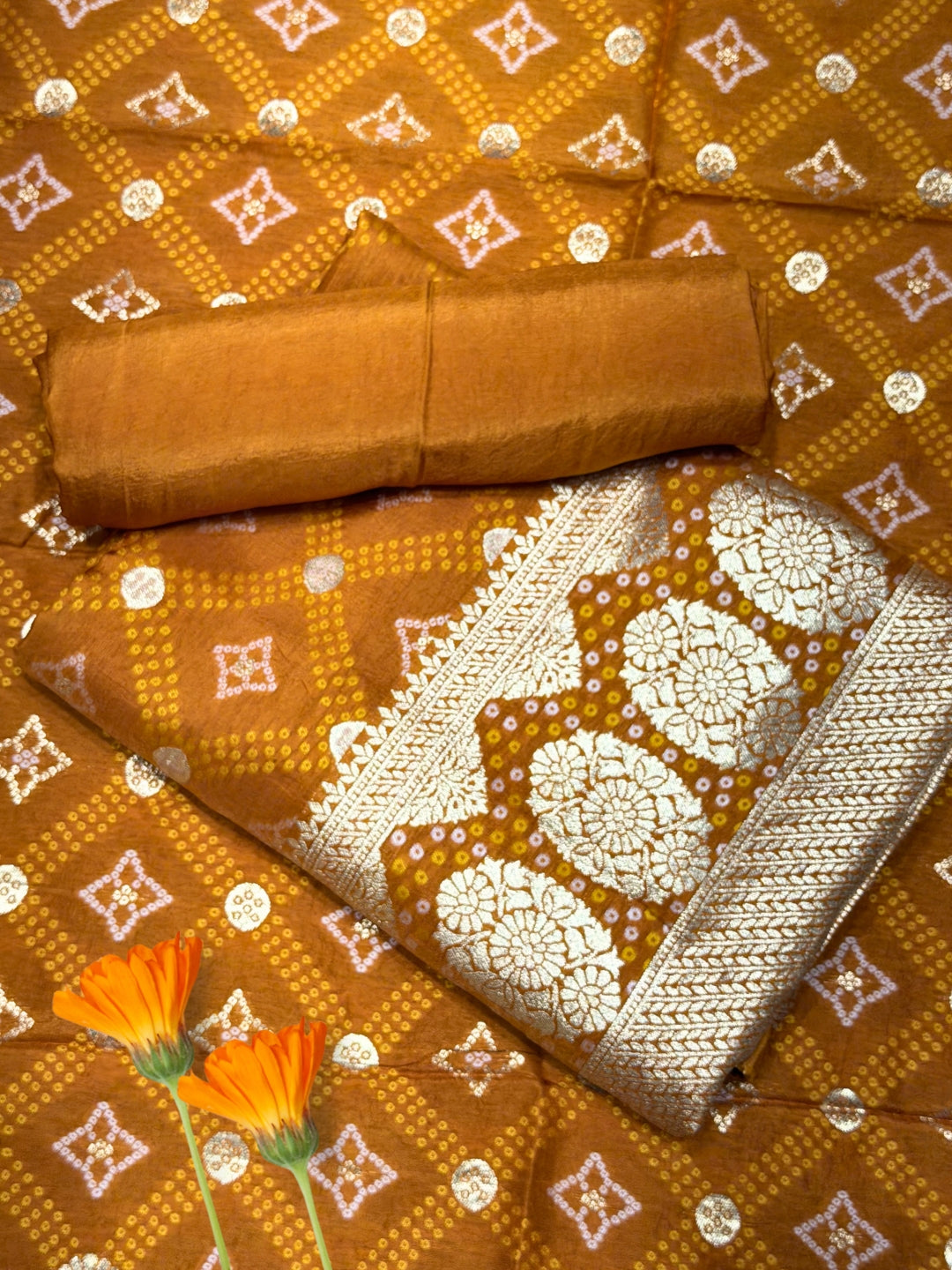 Bandhani Tye-Dye Print Dress Material with Zari Weaviing and Gharchola pattern