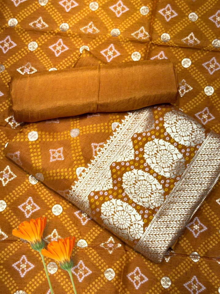 Bandhani Tye-Dye Print Dress Material with Zari Weaviing and Gharchola pattern