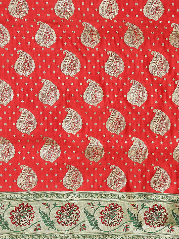 Red Kanjeevaram Wedding Silk Saree With Traditional Zari Ambi Motifs