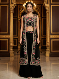 Georgette Crop Top Pallazo Set with Mirror Embroidered Net Shrug & Floral motifs