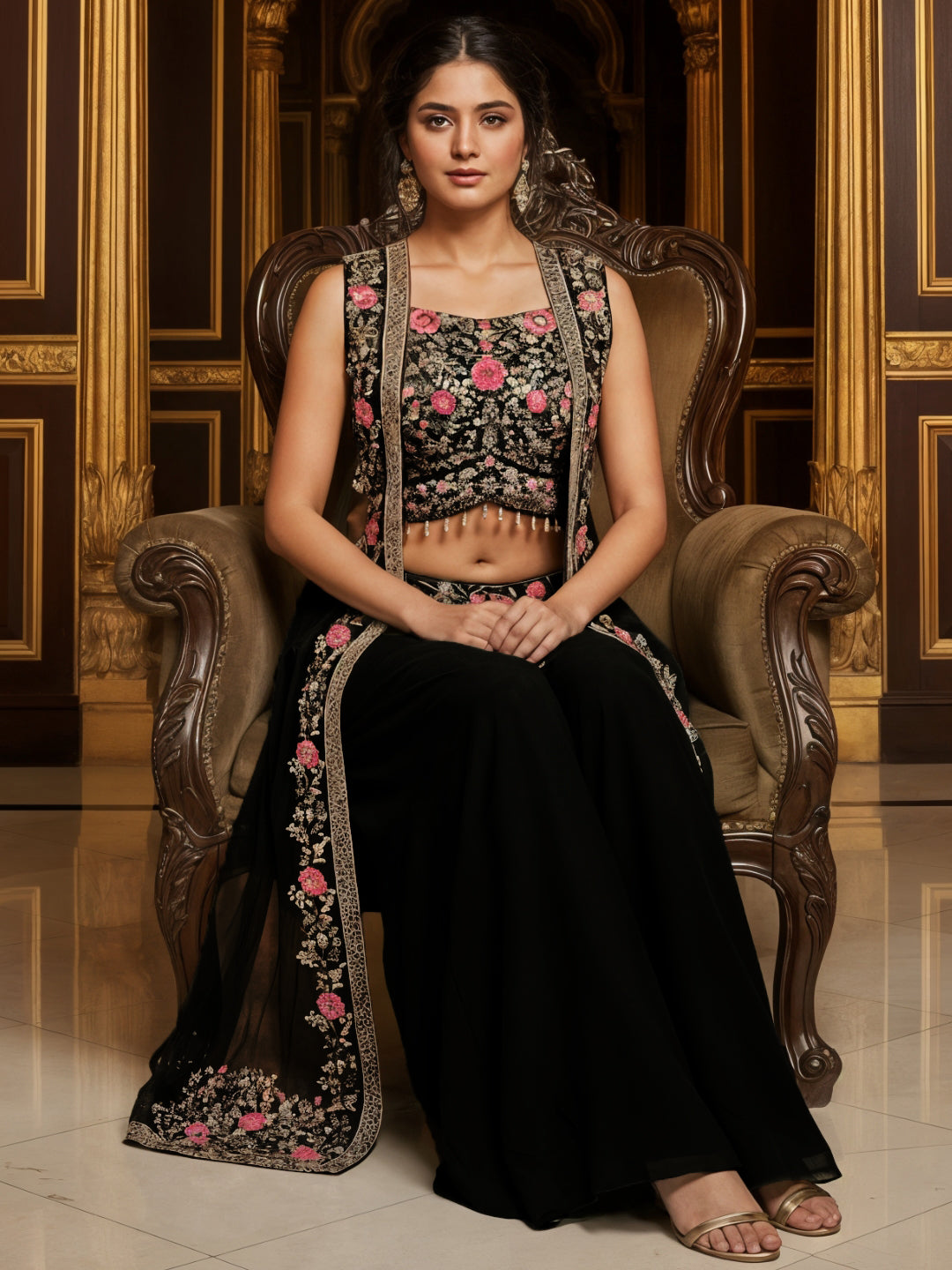 Georgette Crop Top Pallazo Set with Mirror Embroidered Net Shrug & Floral motifs