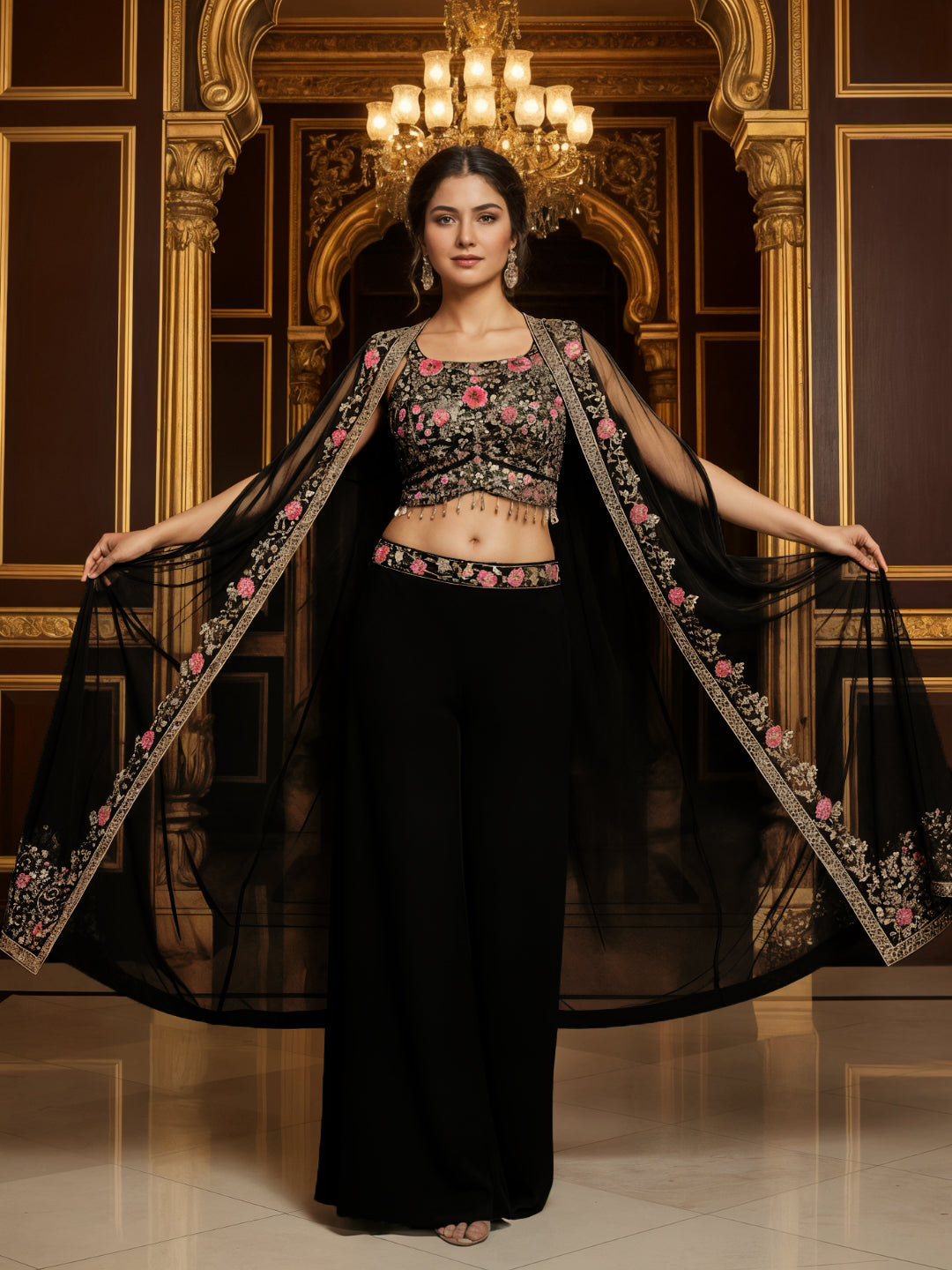 Georgette Crop Top Pallazo Set with Mirror Embroidered Net Shrug & Floral motifs