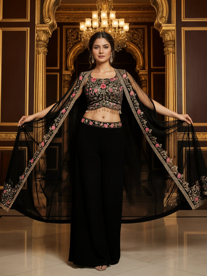 Georgette Crop Top Pallazo Set with Mirror Embroidered Net Shrug & Floral motifs