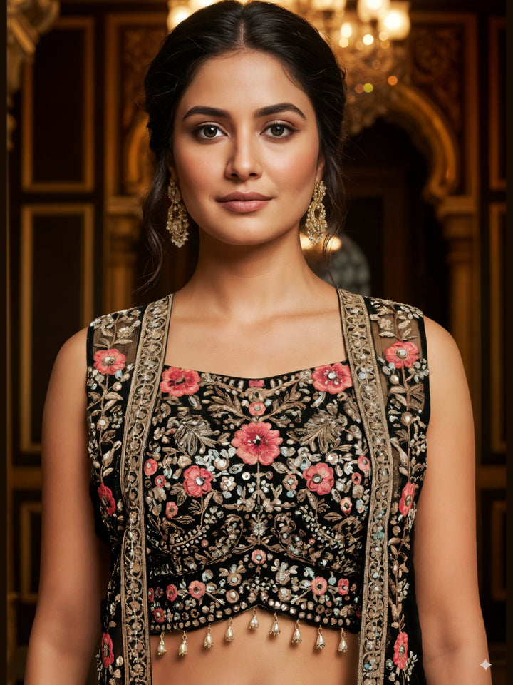 Georgette Crop Top Pallazo Set with Mirror Embroidered Net Shrug & Floral motifs
