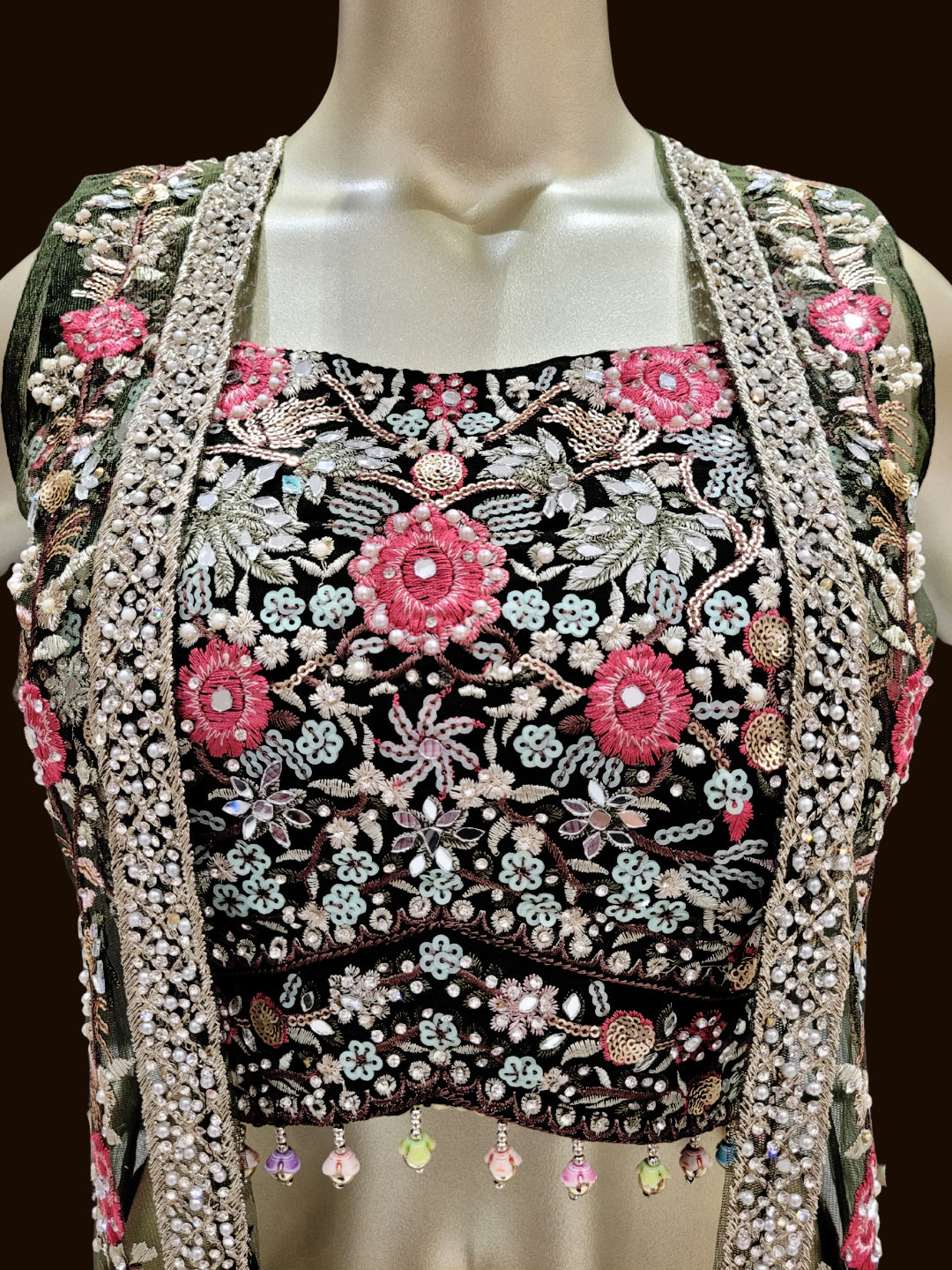 Georgette Crop Top Pallazo Set with Mirror Embroidered Net Shrug & Floral motifs