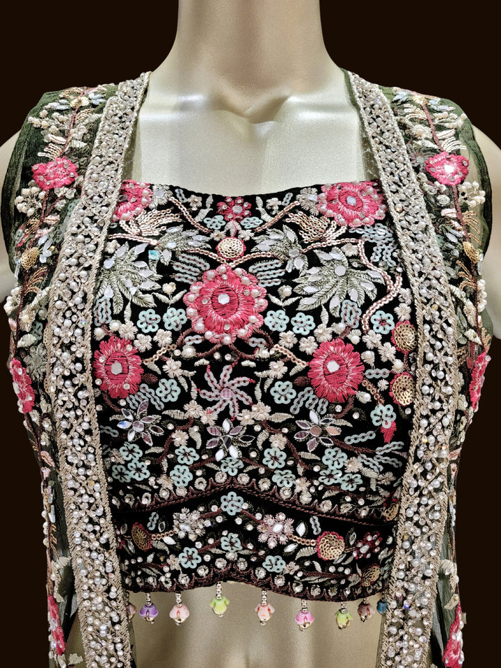 Georgette Crop Top Pallazo Set with Mirror Embroidered Net Shrug & Floral motifs