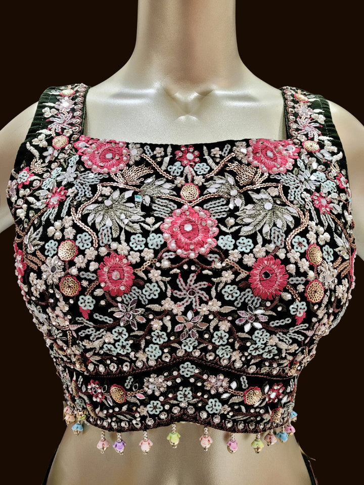 Georgette Crop Top Pallazo Set with Mirror Embroidered Net Shrug & Floral motifs