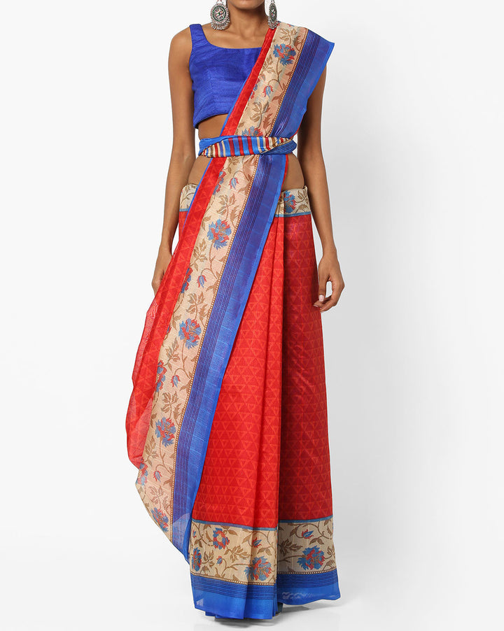 Red & Blue Coloured Cotton Silk Printed Saree