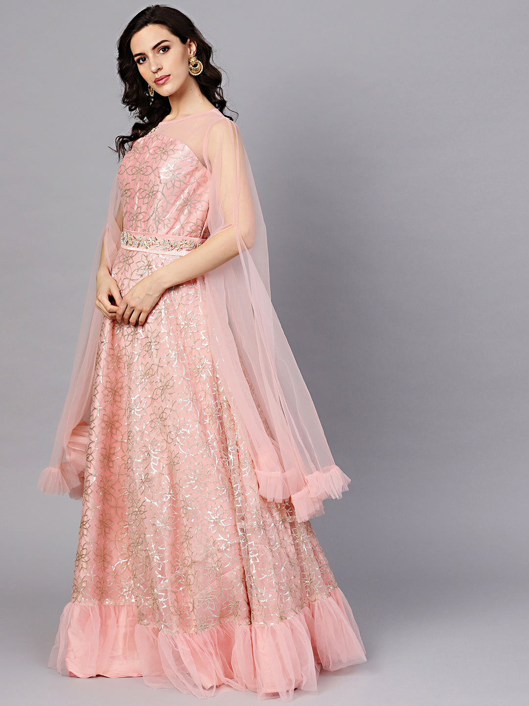 Embroidered Gown with Flared Cape Sleeves and Belt