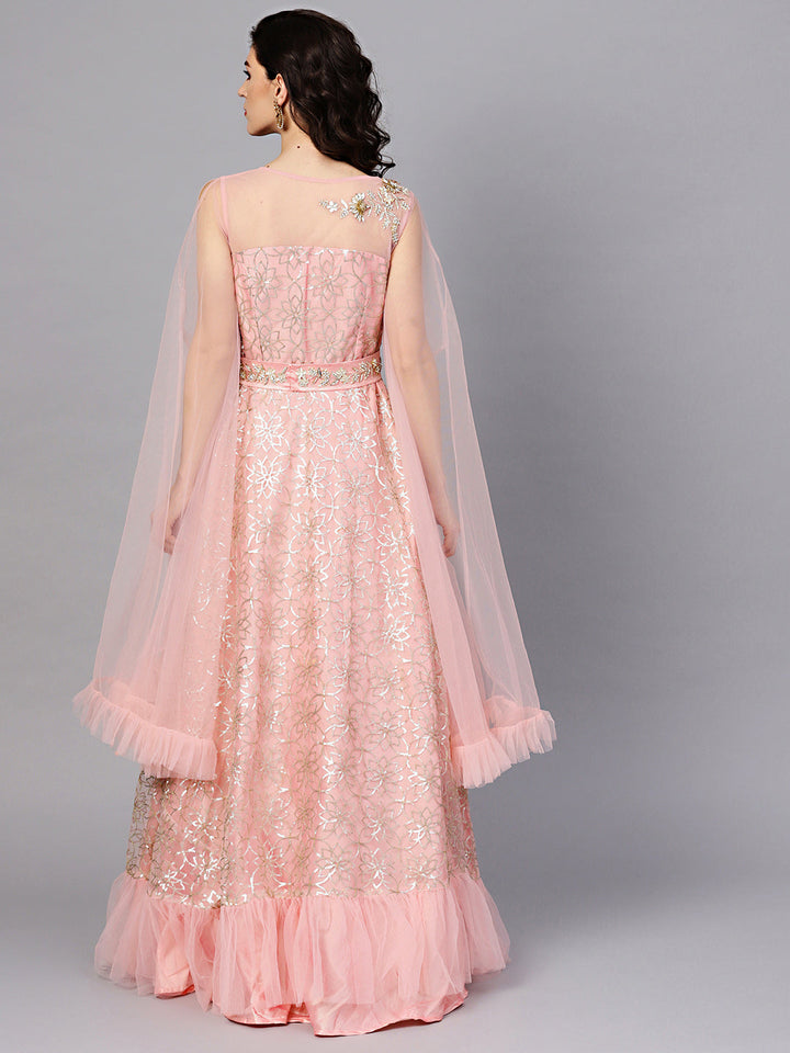 Embroidered Gown with Flared Cape Sleeves and Belt