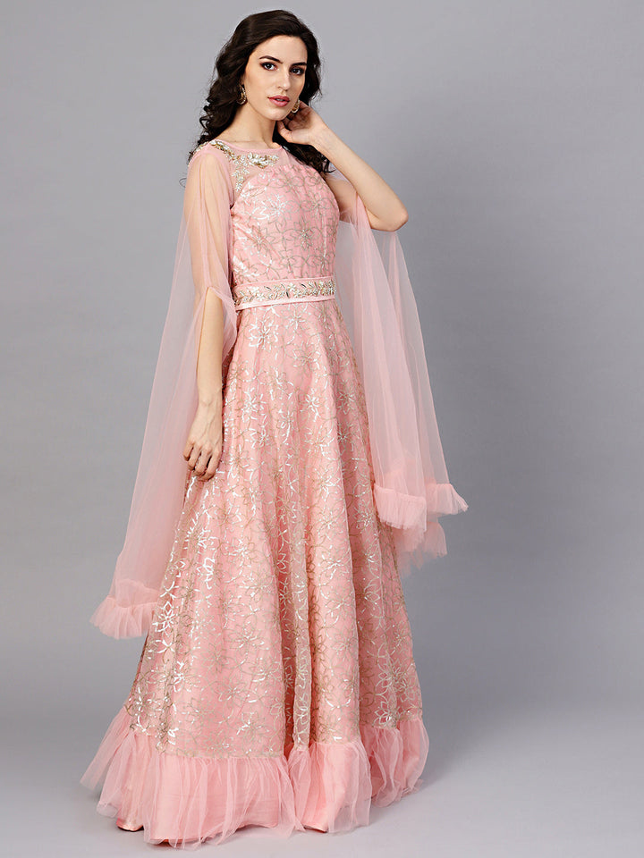 Embroidered Gown with Flared Cape Sleeves and Belt
