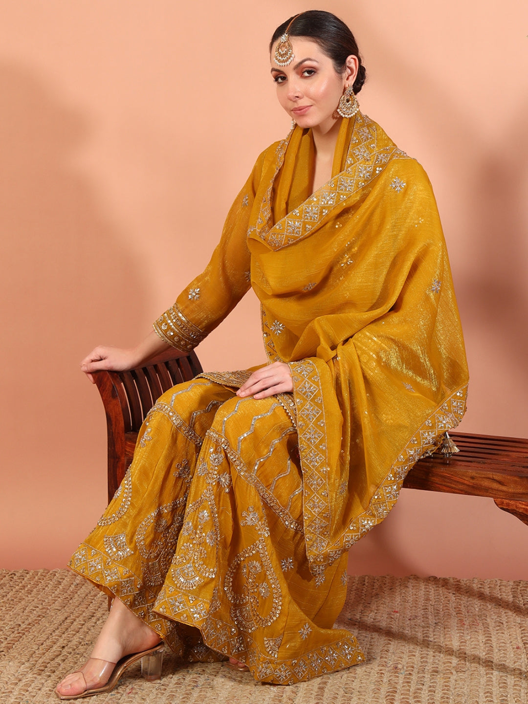Chhabra 555 Haldi Mustard Sequin,Cut-Dana & Aari Embroidery Kurta Palazzo Set & Embellished Dupatta