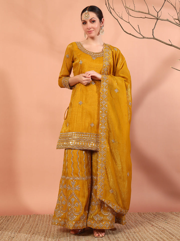Haldi Mustard Sequin,Cut-Dana & Aari Embroidery Kurta Palazzo Set & Embellished Dupatta