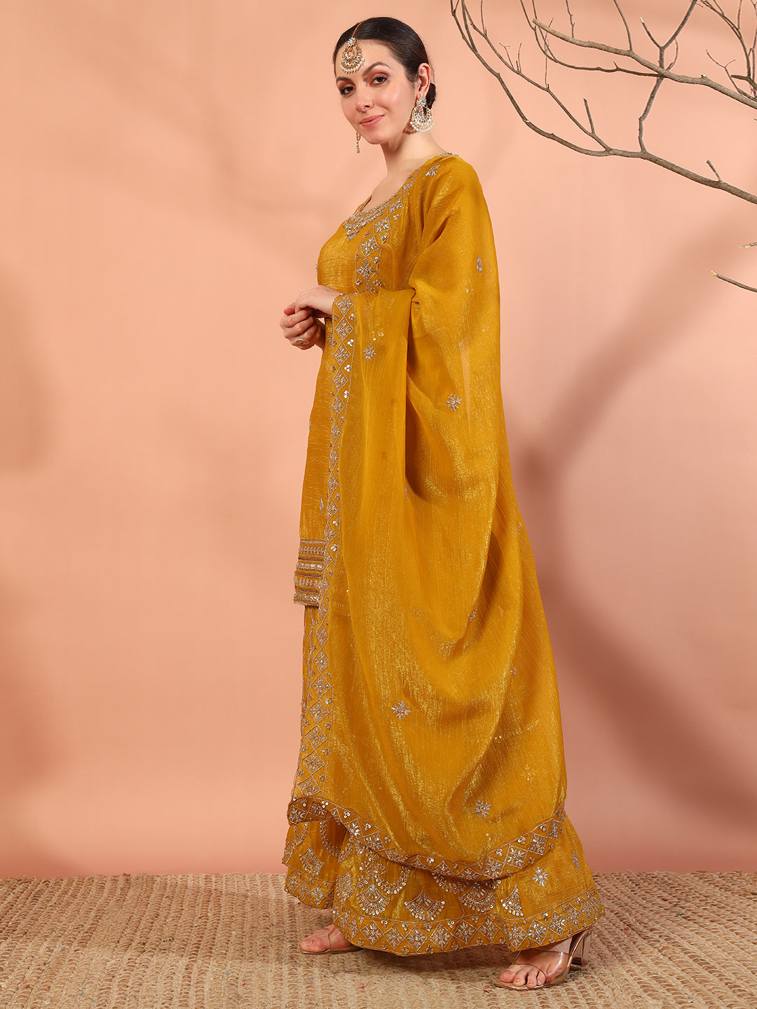 Haldi Mustard Sequin,Cut-Dana & Aari Embroidery Kurta Palazzo Set & Embellished Dupatta