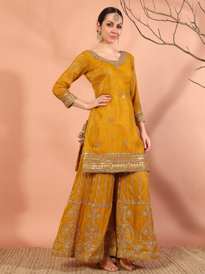 Haldi Mustard Sequin,Cut-Dana & Aari Embroidery Kurta Palazzo Set & Embellished Dupatta