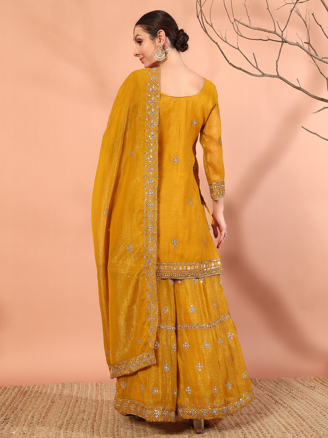 Haldi Mustard Sequin,Cut-Dana & Aari Embroidery Kurta Palazzo Set & Embellished Dupatta