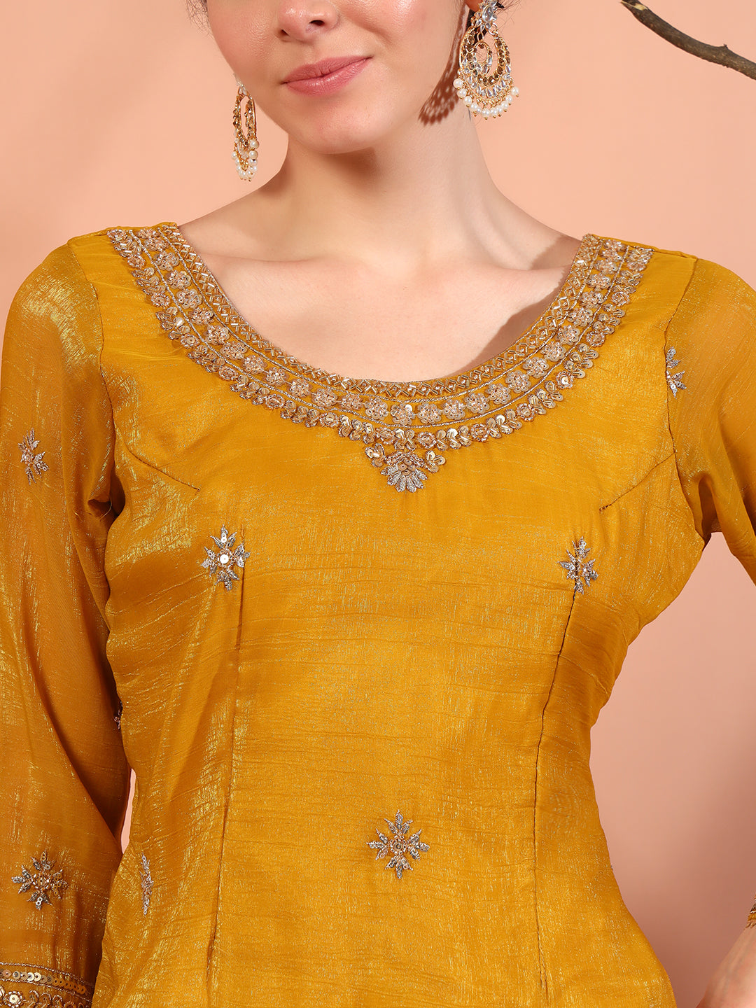 Haldi Mustard Sequin,Cut-Dana & Aari Embroidery Kurta Palazzo Set & Embellished Dupatta