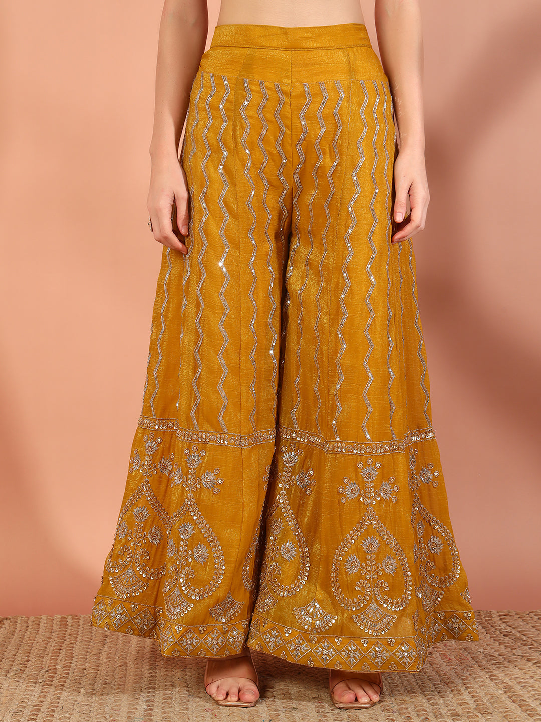 Haldi Mustard Sequin,Cut-Dana & Aari Embroidery Kurta Palazzo Set & Embellished Dupatta