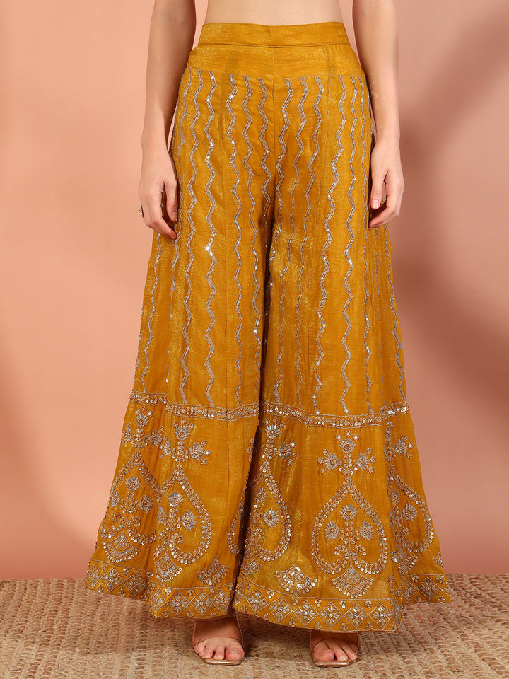 Haldi Mustard Sequin,Cut-Dana & Aari Embroidery Kurta Palazzo Set & Embellished Dupatta