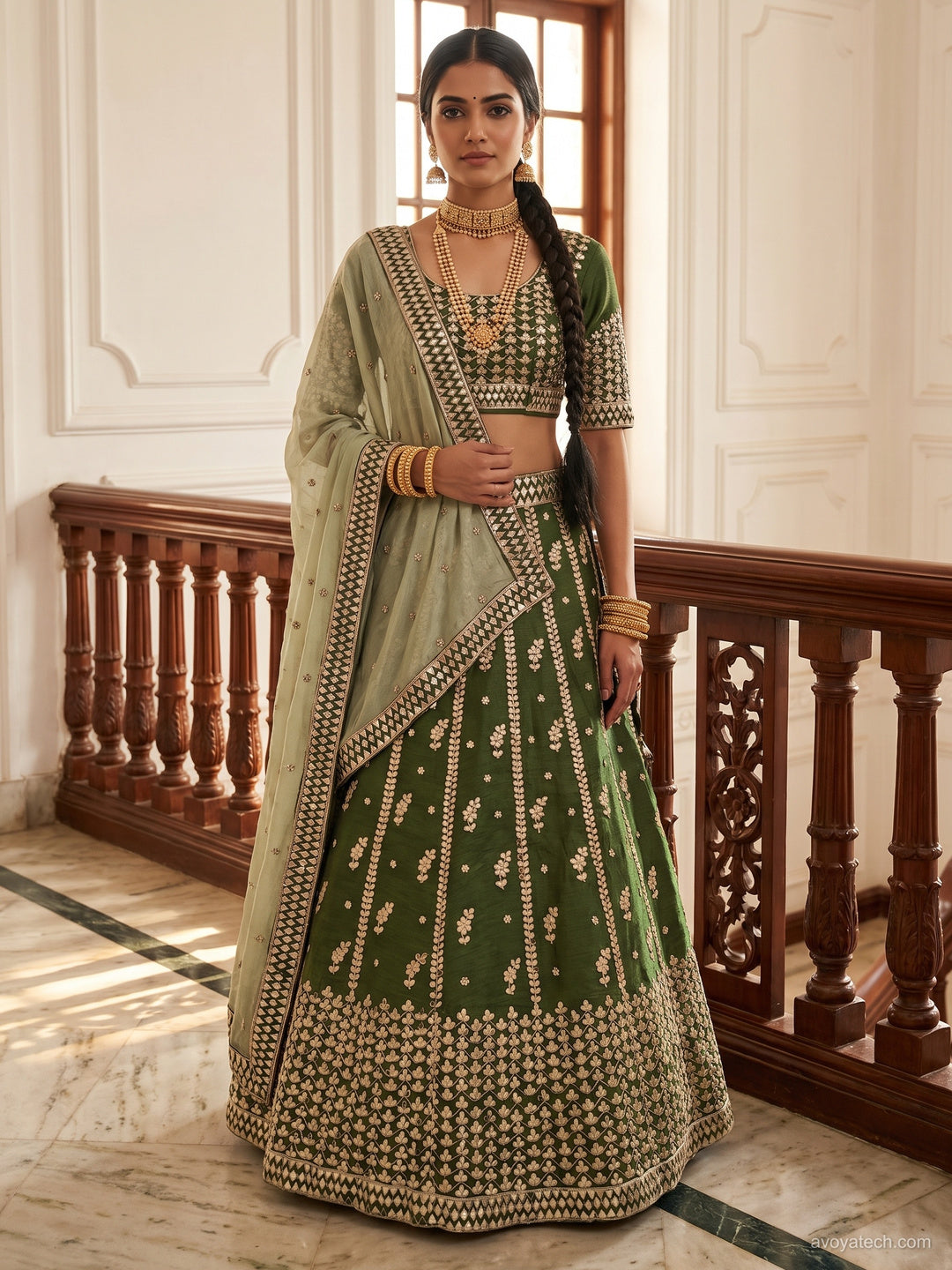 Olive Green Zari Embroidered Booti Lehenga Choli with Contrast Dupatta